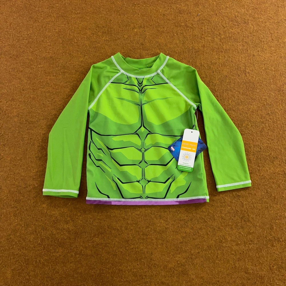 Marvel Boys 2T Green Hulk Avengers UPF 50+ Rash Guard Swim Shirt NWT